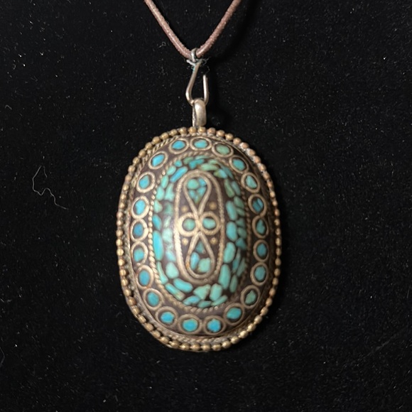 Large Persian Inlaid Turquoise & Brass Necklace - Picture 2 of 6